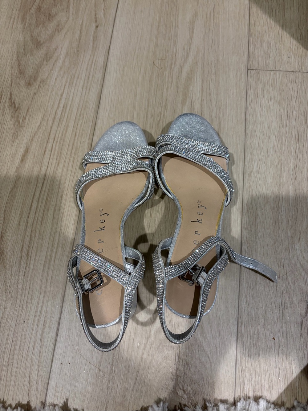 Copper Key Silver Rhinestone Strappy Heels